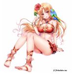  1girl akira_(natsumemo) ankle_ribbon arm_support barefoot bikini bird blonde_hair blush bracelet breasts cleavage flower hair_flower hair_ornament jewelry large_breasts long_hair looking_at_viewer nail_polish navel open_mouth original parrot parted_lips red_eyes red_nails ribbon shiny shiny_skin simple_background smile solo swimsuit taut_clothes white_background 