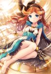  1girl anklet arm_support bangs barefoot blue_eyes bracelet cape dress dust floating_hair full_body granblue_fantasy hairband in_palm jewelry leaning_to_the_side long_hair looking_at_viewer orange_hair parted_lips sakura_ani sand sara_(granblue_fantasy) sitting solo sparkle tears wind yokozuwari 