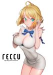  1girl ahoge aqua_eyes blonde_hair bow bowtie breasts cleavage cleavage_cutout cosplay covered_navel dated dress dungeon_ni_deai_wo_motomeru_no_wa_machigatteiru_darou_ka fingernails hand_on_own_chest hestia_(danmachi) hestia_(danmachi)_(cosplay) highres large_breasts leaning_forward long_fingernails looking_at_viewer reccu rei_no_himo ribbon seven_knights short_dress short_hair simple_background solo thighs white_background white_dress 