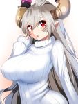  1girl blush breasts granblue_fantasy grey_hair hair_between_eyes horns large_breasts long_hair looking_at_viewer open_mouth pointy_ears red_eyes ribbed_sweater sarasa_(granblue_fantasy) smile solo sweater tenken_(gotannda) 