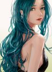  1girl absurdres aqua_eyes aqua_hair bare_shoulders black_dress colored_eyebrows colored_eyelashes dress earrings eyebrows g_q halterneck hatsune_miku highres jewelry lips long_hair looking_at_viewer looking_back nose parted_lips realistic solo vocaloid 