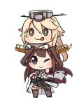  2girls :p ;) ahoge blonde_hair blue_eyes brown_hair chibi headgear iowa_(kantai_collection) kagami_(kagamina) kantai_collection kongou_(kantai_collection) multiple_girls on_head one_eye_closed smile star star-shaped_pupils symbol-shaped_pupils tongue tongue_out 