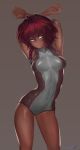  1girl absurdres aqua_eyes arched_back armpits arms_behind_head arms_up ass_visible_through_thighs braid contrapposto covered_nipples dark_skin female highres looking_at_viewer mayhem_(artist) original redhead short_hair single_braid skin_tight solo swimsuit 