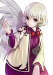  1girl bow bowtie dress highres jacket kishin_sagume long_sleeves looking_at_viewer nuqura open_clothes open_jacket purple_dress short_hair silver_hair simple_background single_wing solo touhou violet_eyes white_background wings 