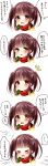  &gt;_&lt; 1girl 5koma blush brown_eyes brown_hair closed_eyes clover comic four-leaf_clover highres idolmaster idolmaster_cinderella_girls looking_at_viewer ogata_chieri open_mouth short_hair smile solo translation_request twintails yumeno_(rubbercup) 