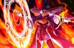  1girl black_sclera blazblue breasts cleavage doyora hat konoe_a_mercury long_hair pink_hair solo witch_hat yellow_eyes 