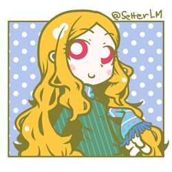  1girl blonde_hair blush_stickers eyebrows eyebrows_visible_through_hair idolmaster idolmaster_cinderella_girls long_hair looking_at_viewer mochizuki_hijiri pink_eyes scarf setter_(seven_stars) smile solo sweater twitter_username very_long_hair 