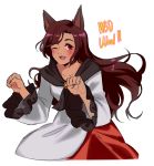  1girl akiyoku animal_ears blush brown_hair colored dark_skin dress fang imaizumi_kagerou long_hair long_sleeves looking_at_viewer nail_polish one_eye_closed open_mouth red_eyes simple_background sketch smile solo text touhou white_background wide_sleeves wolf_ears 