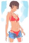  1girl bikini brown_eyes brown_hair cutoffs denim denim_shorts front-tie_top gake_no_ue_no_ponyo highres looking_at_viewer open_fly parted_lips red_bikini risa_(ponyo) short_hair short_shorts shorts sketch small_breasts standing swimsuit tombiiwa 