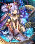  1girl armlet blush braid child double_bun guardians_violation hair_ornament jewelry light_rays long_hair looking_at_viewer official_art original pelvic_curtain pout purple_hair sitting solo staff twin_braids twintails u369 v_arms very_long_hair violet_eyes wariza water 