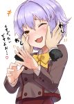  :d absurdres blush brown_eyes hair_ornament hairclip hands_on_another&#039;s_face highres idolmaster idolmaster_cinderella_girls koshimizu_sachiko looking_at_another okitsugu open_mouth purple_hair short_hair smile solo_focus 