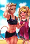  2girls abs animal_ears bangs beach blonde_hair blush cheety_(show_by_rock!!) clouds crying dress goggles goggles_on_head highres lion_ears lion_tail long_hair lyna_(show_by_rock!!) multiple_girls muscle muscular_female ocean open_mouth red_eyes short_hair show_by_rock!! sky swimsuit tail tears thighs towel wet yellow_eyes 