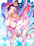  1girl black_hair braid breasts covered_nipples dress flowing_dress french_braid hair_rings hair_up hands_on_own_thighs large_breasts leaning_forward looking_at_viewer red_eyes smile water watermark zasha 