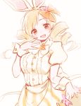  1girl animal_ears blonde_hair blush breasts drill_hair hair_ornament large_breasts looking_at_viewer mahou_shoujo_madoka_magica open_mouth rabbit_ears solo ting_come tomoe_mami twin_drills white_background wrist_cuffs yellow_eyes 