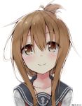  1girl anchor_symbol blush brown_eyes brown_hair collarbone folded_ponytail inazuma_(kantai_collection) kantai_collection long_hair looking_at_viewer neckerchief school_uniform serafuku sidelocks smile solo twitter_username yakitori_(yakitori06) 