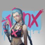  1girl alternate_costume antenna_hair blue_hair braid bridal_gauntlets bullet character_name crop_top eyebrows forehead jewelry jinx_(league_of_legends) league_of_legends long_hair midriff navel necklace nose pink_eyes small_breasts solo tank_top tattoo twin_braids very_long_hair 