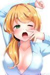  1girl blonde_hair breasts cleavage ellen_baker green_eyes long_hair new_horizon one_eye_closed open_mouth pajamas ponytail scrunchie simple_background solo tears white_background yawning yuuki_hb 