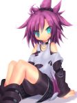  1girl aqua_eyes bare_shoulders bike_shorts character_request copyright_request flat_chest kyuusui_gakari looking_at_viewer scarf short_hair shorts_under_skirt sitting skirt smile solo spiky_hair torn_clothes violet_eyes 