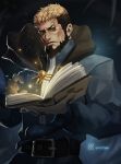  1boy beard belt black_hair blonde_hair blue_eyes book cape facial_hair goenitz highres looking_at_viewer male_focus multicolored_hair open_book priest solo the_king_of_fighters 