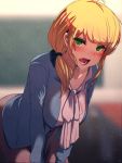  1girl :o absurdres ahoge artist_name at2. bent_over black_skirt blonde_hair blue_bow blue_jacket blurry_background blush bow breasts chalkboard classroom collarbone collared_shirt cowboy_shot desk ellen_baker green_eyes hair_bow hair_over_shoulder hanging_breasts highres indoors jacket large_breasts long_sleeves low_ponytail new_horizon open_mouth pencil_skirt ribbon school_desk see-through shirt sidelocks skirt solo standing table teeth tongue white_ribbon white_shirt 
