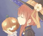  1girl atelier_(series) atelier_ayesha closed_eyes from_side hat issun_boushi_(taku37taku) kiss orange_hair profile pumpkin sidelocks solo star_print upper_body wilbell_voll=erslied witch witch_hat 