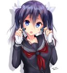  1girl black_hair blue_eyes breasts earphones hair_ribbon long_hair long_sleeves looking_at_viewer mokufuu open_mouth original ribbon school_uniform serafuku solo twintails twitter_username 