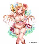  1girl :d akira_(natsumemo) ankle_ribbon bikini bird blonde_hair blush bracelet breasts brooch flower hair_flower hair_ornament jewelry large_breasts long_hair looking_at_viewer nail_polish navel necklace open_mouth original parrot red_eyes ribbon simple_background smile solo swimsuit thighlet white_background 