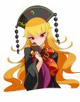  1girl bow breasts chinese_clothes chocolate chocolate_bar commentary eyelashes hat highres junko_(touhou) long_hair orange_hair pointy_ears raptor7 red_eyes robe runes simple_background sketch smile solo touhou tsurime upper_body very_long_hair white_background yellow_bow 
