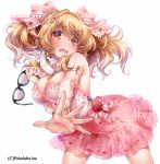  1girl akira_(natsumemo) black-framed_glasses blonde_hair blush breasts brown_eyes cleavage dress face_mask flower glasses glasses_removed hair_ribbon large_breasts long_hair looking_at_viewer mask open_mouth original outstretched_hand pink_dress ribbon rose simple_background solo twintails white_background 