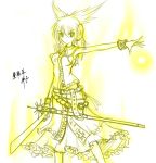  1girl aura belt bracelet character_name cowboy_shot earrings energy_ball frilled_skirt frills headphones hip jewelry long_hair looking_at_viewer monochrome multiple_belts outstretched_arm raptor7 scabbard sheath sheathed simple_background sketch skirt solo spread_fingers sword touhou toyosatomimi_no_miko translated vest weapon white_background 