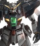  after_war_gundam_x anniversary artist_name dated glowing glowing_eyes green_eyes gundam gundam_double_x mecha no_humans simple_background solo white_background windforcelan 