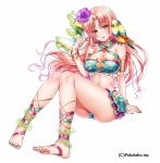 1girl akira_(natsumemo) ankle_lace-up ankle_ribbon arm_support barefoot bikini bird blue_nails blush bracelet breasts brown_eyes cleavage cross-laced_footwear flower hair_flower hair_ornament jewelry large_breasts long_hair looking_at_viewer nail_polish navel open_mouth original parrot parted_lips pink_hair ribbon simple_background smile solo swimsuit toenail_polish white_background 