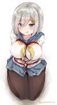  1girl arms_behind_back bdsm black_legwear blue_eyes blush bound breasts chiune_(yachi) eyes_visible_through_hair hair_ornament hair_over_one_eye hairclip hamakaze_(kantai_collection) kantai_collection large_breasts neckerchief pleated_skirt school_uniform serafuku short_hair silver_hair simple_background sitting skirt solo tied_up tongue twitter_username white_background 