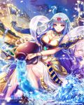  1girl 2016 blue_eyes blue_hair breasts choker cleavage dated dress eu_(euspia) hair_ornament jewelry large_breasts long_hair lost_crusade necklace official_art pouring shawl sitting solo splashing strapless strapless_dress vase very_long_hair water 