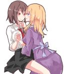  2girls black_skirt blonde_hair blue_eyes blush breasts brown_hair collared_shirt colored_eyelashes hand_on_another&#039;s_chin hands_together interlocked_fingers long_hair long_sleeves maribel_hearn multiple_girls necktie no_hat open_mouth outline purple_shirt purple_skirt red_eyes red_necktie shiny shiny_hair shiroshi_(denpa_eshidan) shirt skirt smile thighs touhou usami_renko white_shirt yuri 