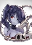  1girl bare_shoulders blue_hair blue_skin bone breasts closed_eyes detached_collar detached_sleeves hair_over_one_eye kakao_rantan leviathan_(skullgirls) long_hair looking_at_viewer red_eyes side_ponytail simple_background skull skullgirls smile squigly_(skullgirls) stitched_mouth stitches upper_body zombie 