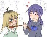  2girls abuse aosora_(mizore) bdsm blonde_hair blue_eyes female femdom leash multiple_girls original purple_hair red_eyes school_uniform serafuku skirt tagme translated twintails yuri 