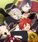  3boys :d ^_^ aizen_kunitoshi akashi_kuniyuki bandaid bandaid_on_nose cape closed_eyes glasses green_eyes grey_legwear hair_ornament hairclip hat hat_removed headwear_removed hotarumaru kneehighs lying male_focus multiple_boys on_back open_mouth pillow purple_hair redhead shorts silver_hair smile sweat touken_ranbu uguisu_mochi_(ykss35) 