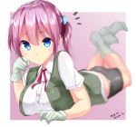  1girl arm_support ass bike_shorts blue_eyes blurry chin_rest dated depth_of_field gloves lying mokufuu no_pants on_stomach pink_hair shiranui_(kantai_collection) short_hair twitter_username vest white_blouse white_gloves 