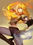  big_breasts black_eyes blonde_hair blush fire gloves long_hair rwby scarf warrior yang_xiao_long 