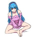  1girl akairiot bare_shoulders barefoot blue_hair breasts cleavage dress hair_over_shoulder hairband indian_style mascot off-shoulder_sweater original ribbed_sweater sidelocks sitting sketch smile solo sue_etta sweater sweater_dress violet_eyes 