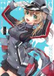  1girl adjusting_clothes adjusting_hat anchor_hair_ornament blonde_hair breasts buttons gloves green_eyes hair_ornament hat highres kantai_collection looking_at_viewer machinery open_mouth peaked_cap pleated_skirt prinz_eugen_(kantai_collection) skirt smile teeth thigh-highs twintails ugeppa uniform 