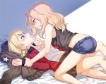  2girls ass bare_arms bare_legs bare_shoulders bed_sheet between_legs black_shirt blonde_hair blush bomber_jacket braid breasts brown_hair brown_jacket brown_skirt chin_grab cleavage collarbone darjeeling denim denim_shorts girl_on_top girls_und_panzer jacket kay_(girls_und_panzer) kneeling kneepits knees_up long_hair long_sleeves lying multiple_girls navel on_back red_jacket shirt short_hair short_shorts shorts skirt sleeveless star_print stomach tank_top thighs white_shirt wrist_grab yoban yuri 