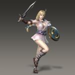  1girl 3d absurdres armor blonde_hair blue_eyes bow braid breasts cleavage full_body hair_bow hair_ornament hair_ribbon highres holding holding_sword holding_weapon large_breasts long_hair musou_orochi_2 official_art ribbon sandals shield single_braid solo sophitia_alexandra soulcalibur soulcalibur_iv standing_on_one_leg sword weapon 