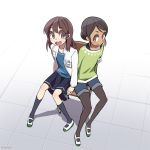  2girls andou_saki black_hair black_legwear brown_eyes brown_hair dark_skin deepa_mitra hair_bun indian kneehighs long_hair looking_at_viewer multiple_girls name_tag new_horizon open_mouth pantyhose shared_chair shoes shorts sitting skirt smile sweater syego twitter_username uwabaki 