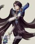  1girl :d artist_name bangs bayonetta bayonetta_(character) bayonetta_2 beige_background black-framed_glasses black_hair blue_eyes bodysuit brooch chain collar cowboy_shot dantewontdie dual_wielding earrings frilled_collar frilled_cuffs frills gem gloves gun handgun holding holding_gun holding_weapon jewelry light_smile lips looking_at_viewer mole mole_under_mouth open_mouth parted_lips pendant pistol short_hair simple_background skin_tight smile solo swept_bangs watermark weapon web_address white_gloves wrist_cuffs 