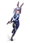  1girl animal_ears belt boots bulletproof_vest gun highres holster humanization judy_hopps knee_pads open_mouth pants police police_uniform rabbit_ears running shirt short_hair silver_hair smile solo thigh_strap uniform vambraces vest violet_eyes weapon white_background zhen_long zootopia 