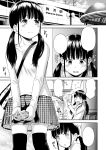  1girl absurdres adjusting_hair bag black_hair black_legwear blush cellphone comic flying_sweatdrops highres long_hair monochrome open_mouth original phone quzilax shirt skirt smartphone smile solo thigh-highs twintails 