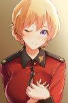  1girl ;) arito_arayuru beige_background blonde_hair blush braid breasts buttons closed_mouth collar darjeeling french_braid girls_und_panzer hands_on_own_chest head_tilt highres large_breasts long_sleeves military military_uniform one_eye_closed short_hair simple_background sleeve_cuffs smile solo tareme teasing uniform upper_body violet_eyes 