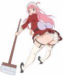  +_+ 1girl ahoge ass black_shoes blush_stickers broom elel185 frilled_sleeves frills hair_ornament high_heels holding_broom leaning_forward long_hair long_sleeves looking_at_viewer looking_back maid_headdress nono_(top_wo_nerae_2!) open_mouth panties pink_hair ribbon round_teeth shoes simple_background smile solo symbol-shaped_pupils teeth thigh-highs top_wo_nerae_2! underwear white_background white_legwear white_panties 